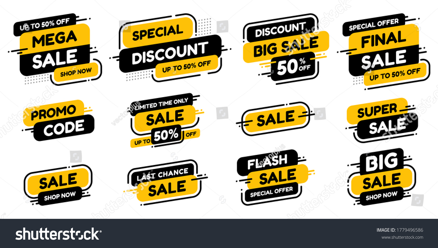 Set labels with inscription sale. Vector flat illustrations. Ad or promo. Shopping concept. Promotion price label mega sale, shop now, special discount, big sale, limited time only, last chance. #1779496586