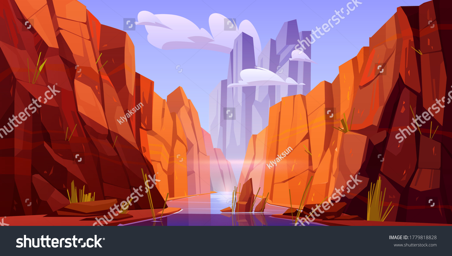 Grand Canyon with river on bottom, national park of Arizona state on Colorado stream. Red sandstone mountains, horizon with sand rocks and sky, nature landscape background, Cartoon vector illustration