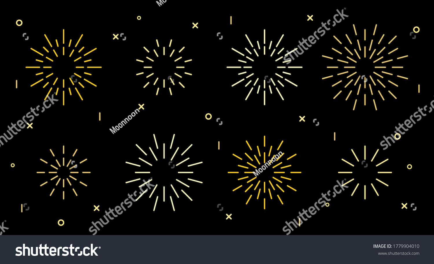Sparkle star shape art deco fireworks burst pattern collection. Gold star shaped firecracker pattern collection isolated on black background with rays and trails. Carnival celebration fireworks burst #1779904010