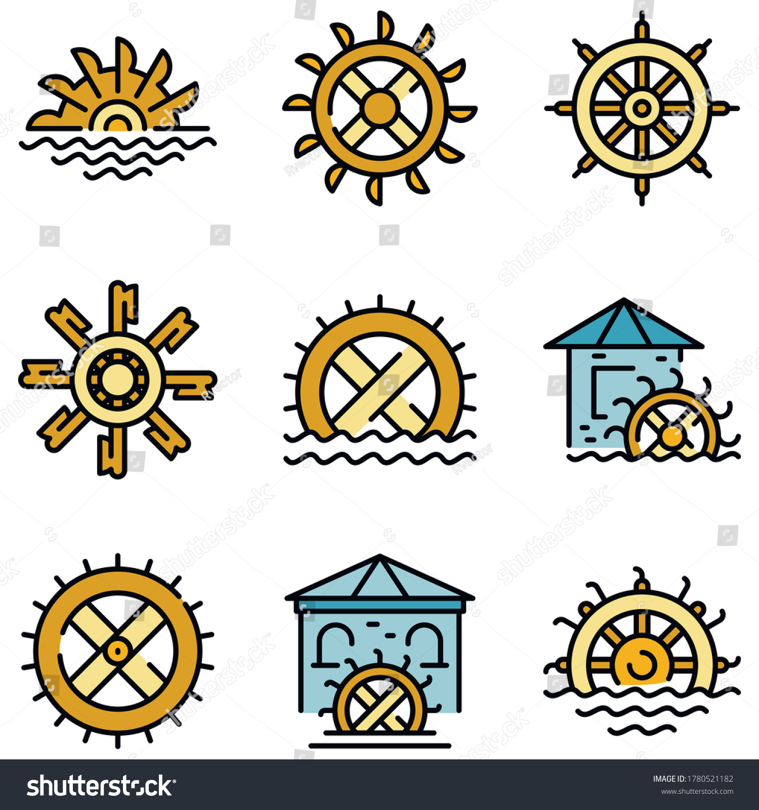 Water Mill Icons Set Outline Set Of Water Mill Royalty Free Stock