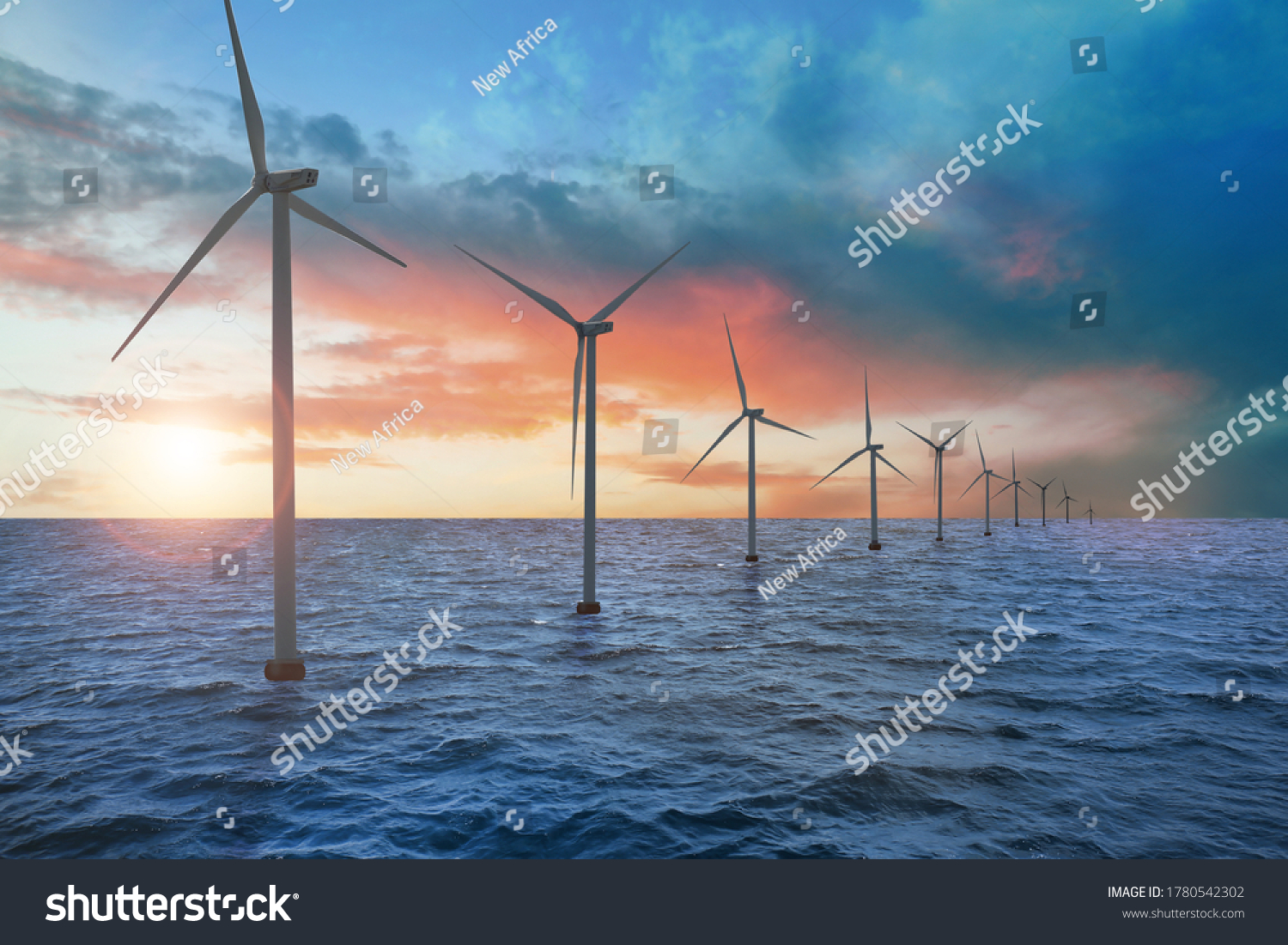Floating wind turbines installed in sea. Alternative energy source  #1780542302