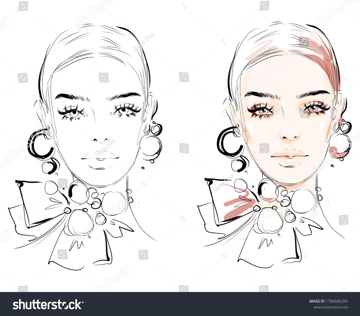 Hand Drawn Beautiful Woman Face Makeup Portrait Royalty Free Stock Vector 1780680284 3326