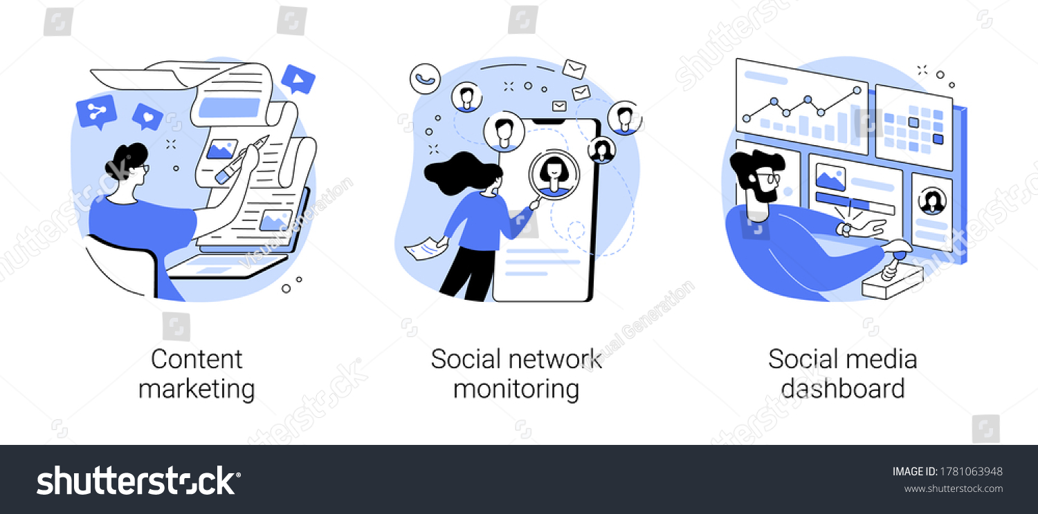 SMM strategy abstract concept vector illustration set. Content marketing, social network monitoring, social media dashboard, digital marketing, user engagement, report analysis abstract metaphor. #1781063948