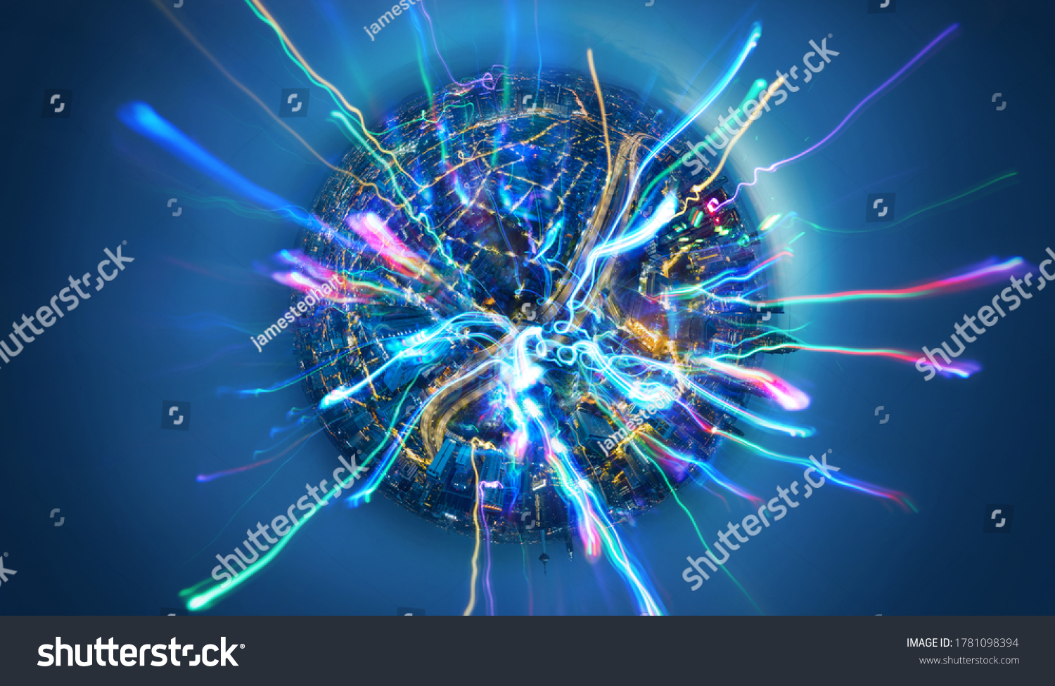 Abstract 360 degree sphere view of smart city and colorful gradient glowing Impulse flow light design , big data connection technology concept . #1781098394