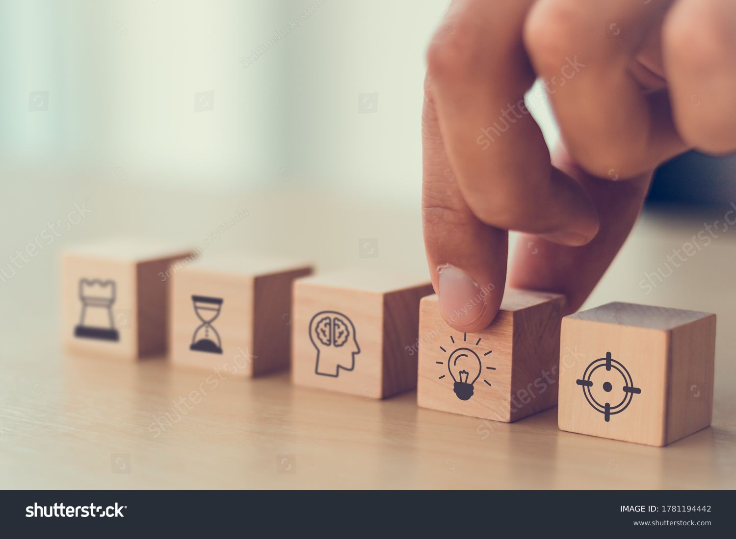 business man hand arranging wood block . icon of business strategy including element with goal, idea, leadership, management of time, Knowledge, Initiative, Human relations with copy space #1781194442