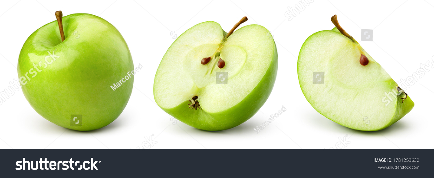 Green apple isolate. Apples on white background. Whole, half, slice green apple set with clipping path. #1781253632