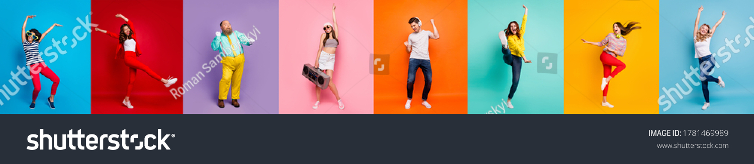 Panorama collage eight cool funny attractive active modern people six ladies two guys men good mood dance discotheque party isolated many colors blue violet teal orange yellow pink red background #1781469989