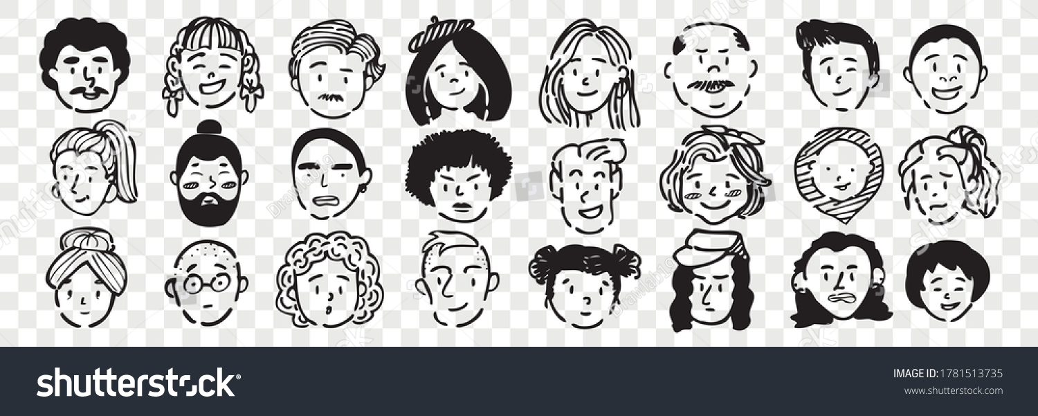 Hand drawn human faces doodle set. Collection of pen ink pencil drawing sketches of young old men women boys girls facial expressions on transparent background. Illustration different age generation. #1781513735