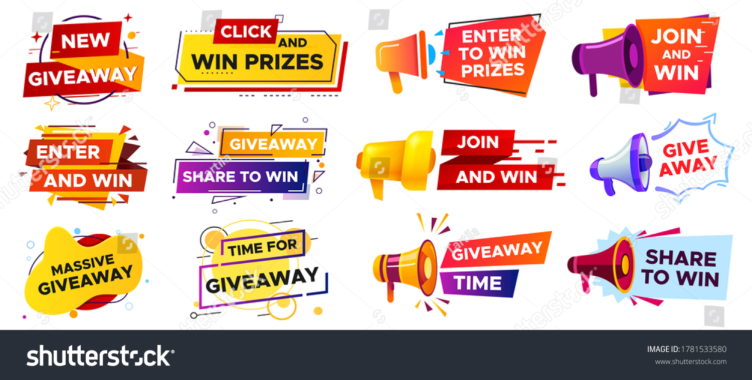 Giveaway banner with megaphone. Loudspeaker announcement of competition. Winning prizes in contest, giving gifts. Share to win post in social media. Marketing and advertising vector illustration #1781533580