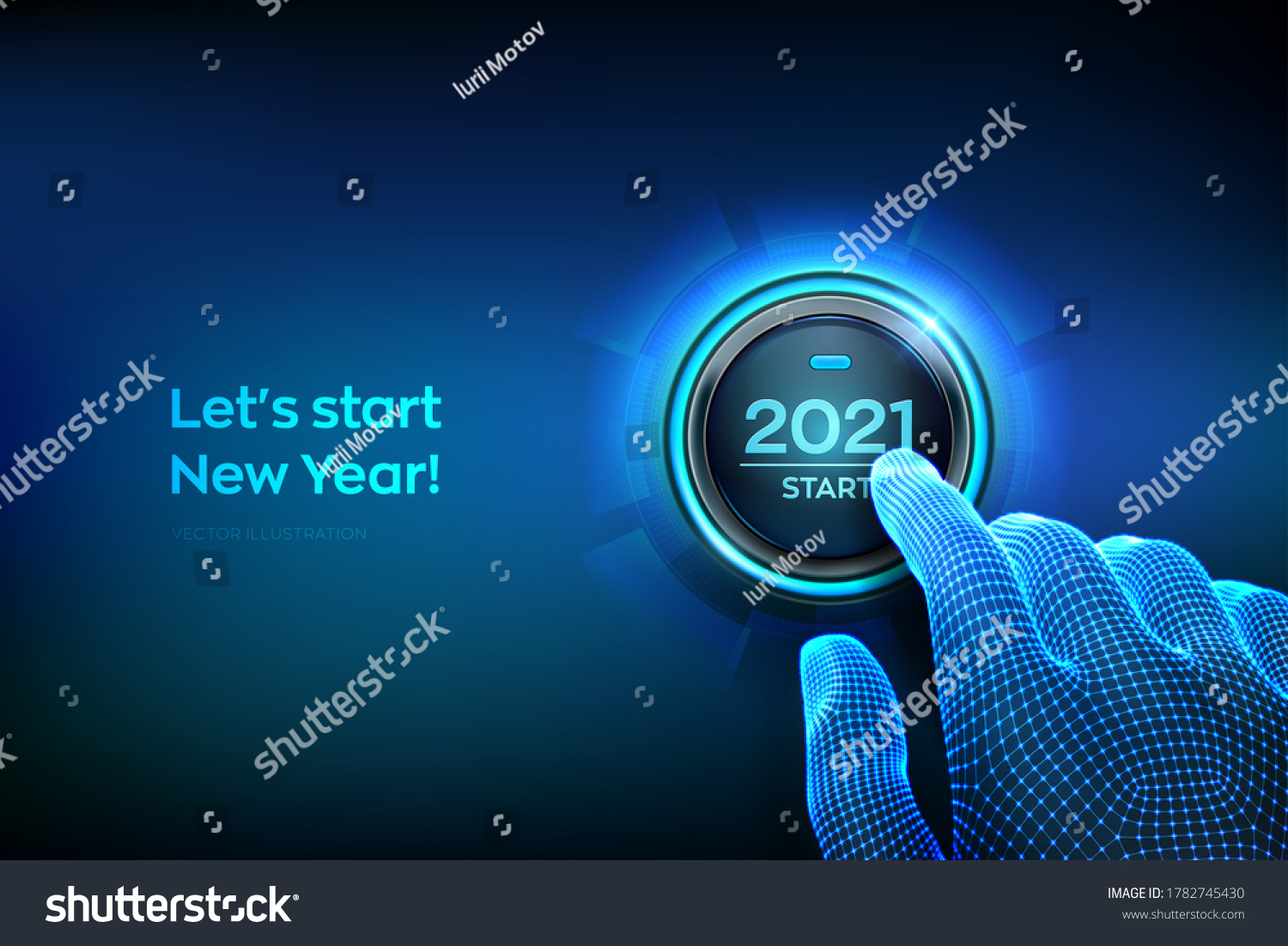 2021 start. Finger about to press a button with the text 2021 start. Happy new year. New Year two thousand and twenty one is coming concept. Vector illustration. #1782745430