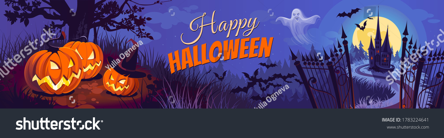 Halloween pumpkins and dark castle on blue Moon background, illustration. #1783224641