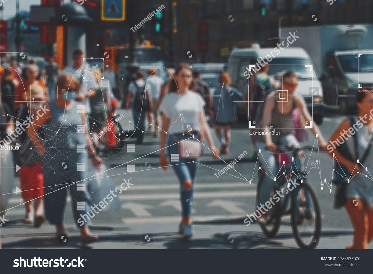 Face recognition and personal identification technologies in street surveillance cameras, law enforcement control. crowd of passers-by with graphic elements. Privacy and personal data protection, #1783535000