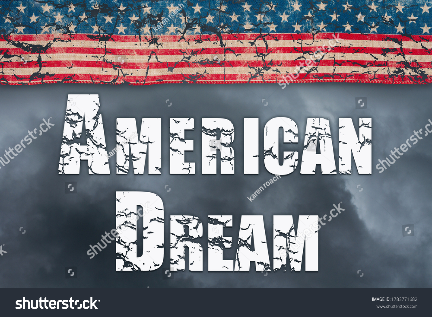 American Dream word message with retro USA stars and stripes ribbon clouds and stormy sky #1783771682