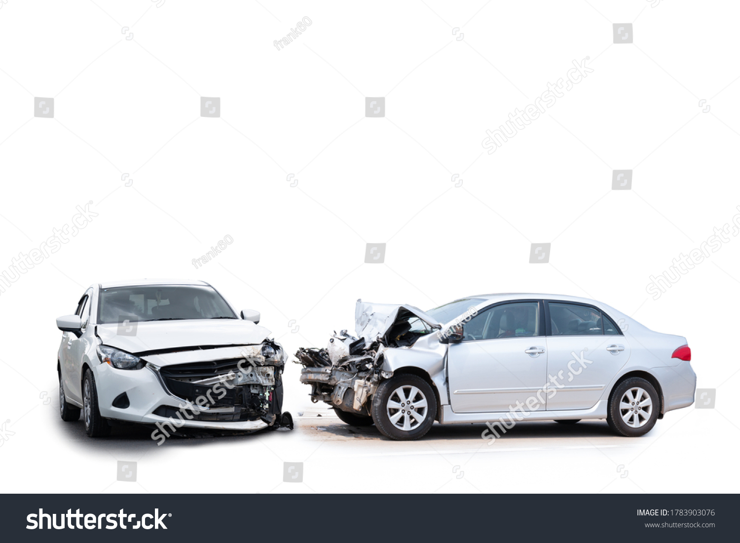 Front of white car get damaged by accident on the road. Isolated on white background. Saved with clipping path #1783903076