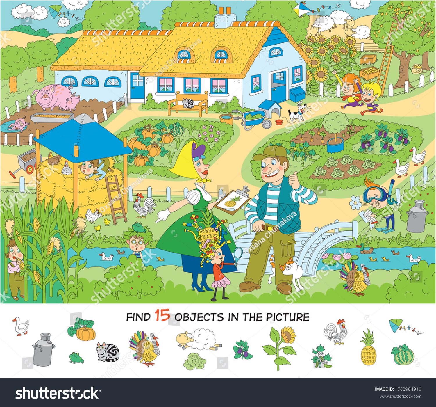 Kindergarten. Excursion to the farm. Cheerful vector illustration. Find 15 objects in the picture. Puzzles, hidden objects #1783984910