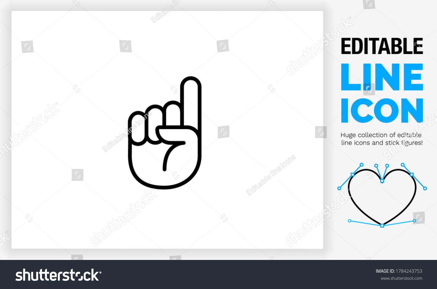 Editable line icon in a black stroke of a hand pointing up with one finger and a closed palm used for asking a question or pointing something out in a conversation as a modern clean vector graphic #1784243753