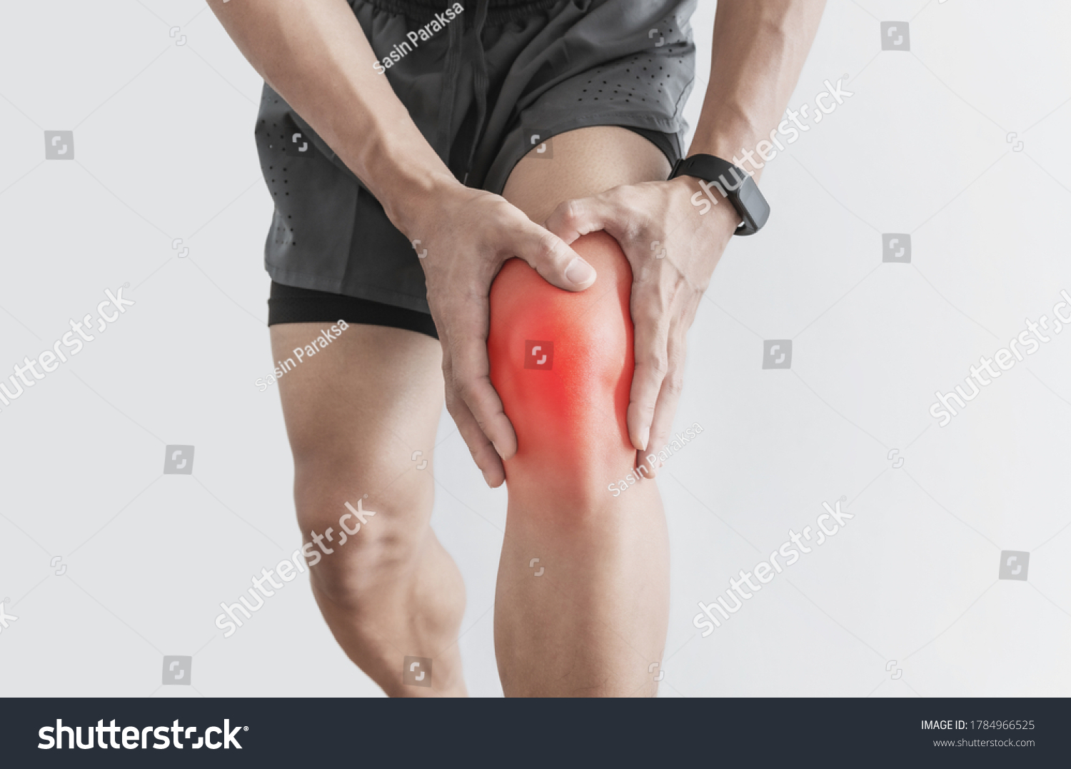 Joint pain, Arthritis and tendon problems. a man touching nee at pain point, isolated on white background #1784966525