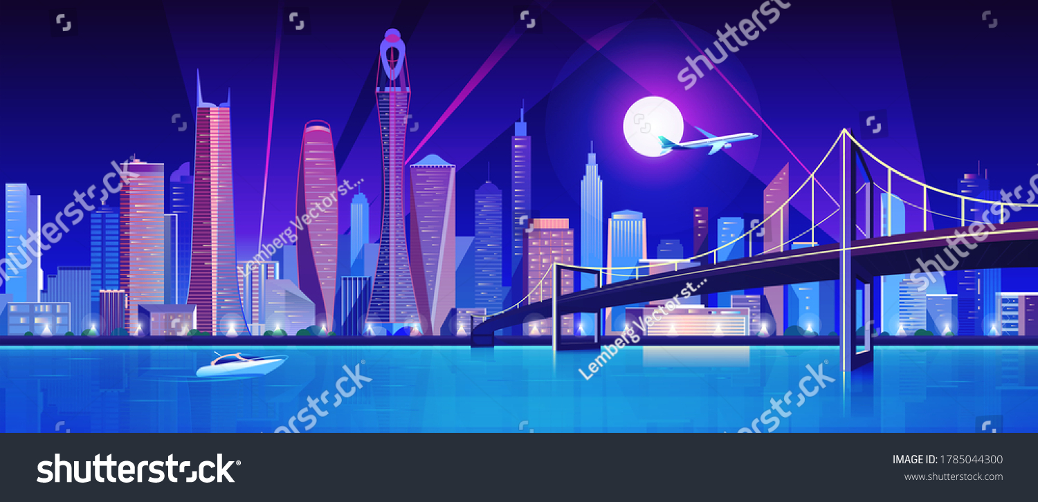 City bridge over water bay at night vector illustration. Cartoon flat modern bridge to downtown futuristic neon metropolis, downtown cityscape waterfront buildings, tower skyscrapers landscape view #1785044300