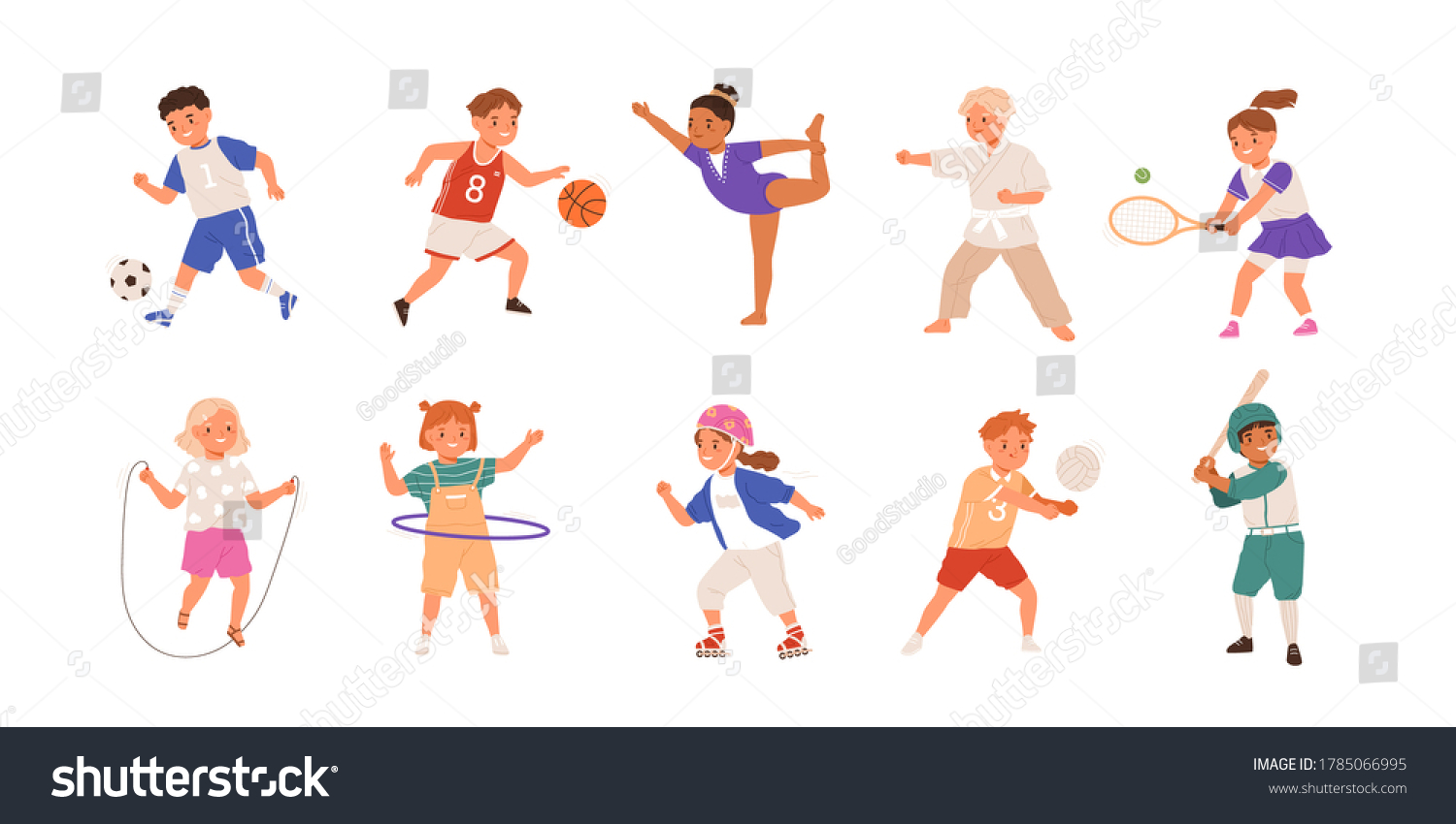 Happy children playing sport game, doing physical exercise. Training set. Football, baseball, tennis, karate. Active healthy childhood. Flat vector cartoon illustration isolated on white background #1785066995