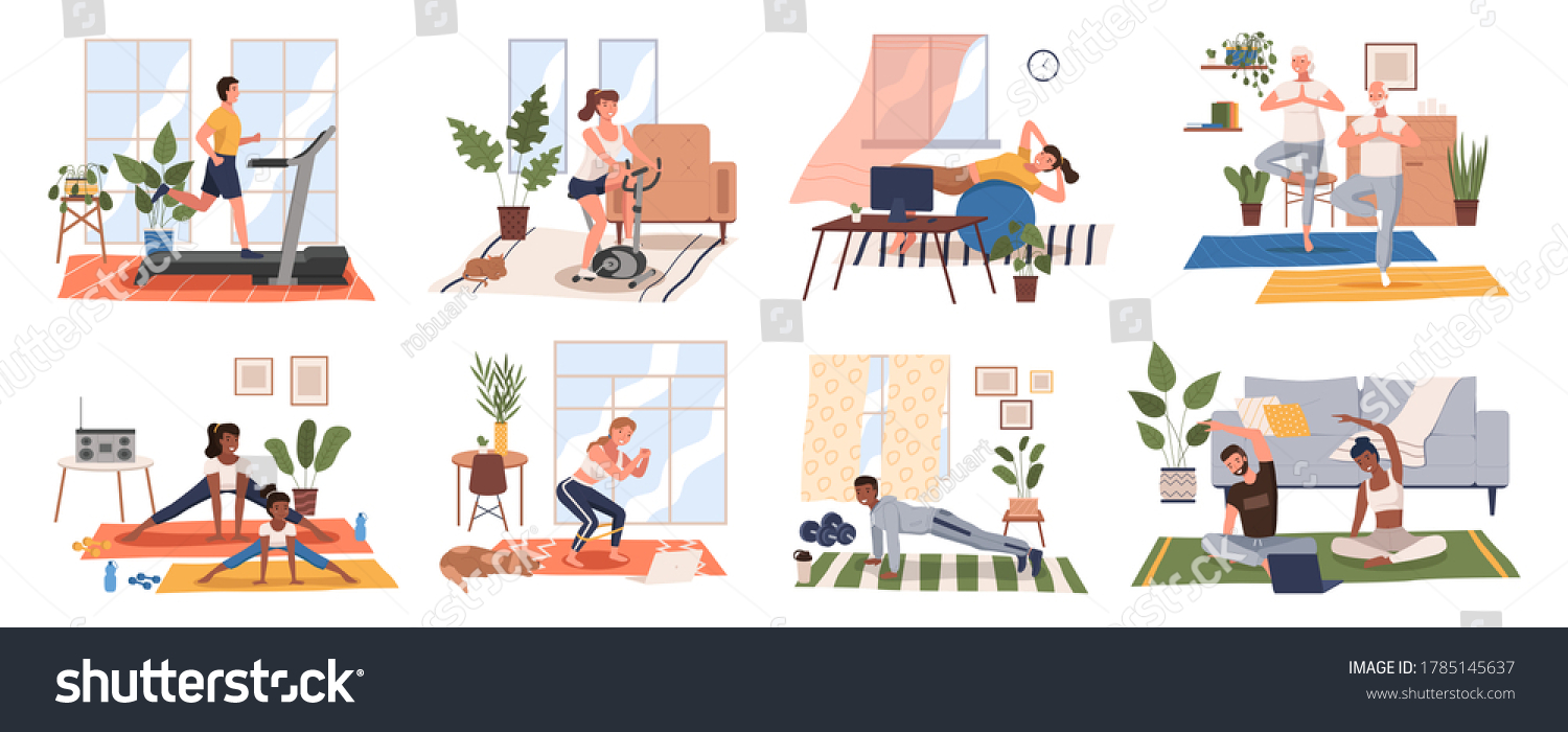 Sport exercise at home scenes set. Different people doing workout indoor. Yoga and fitness, healthy lifestyle. Flat vector illustration men and women using house as a gym lead an active lifestyle #1785145637