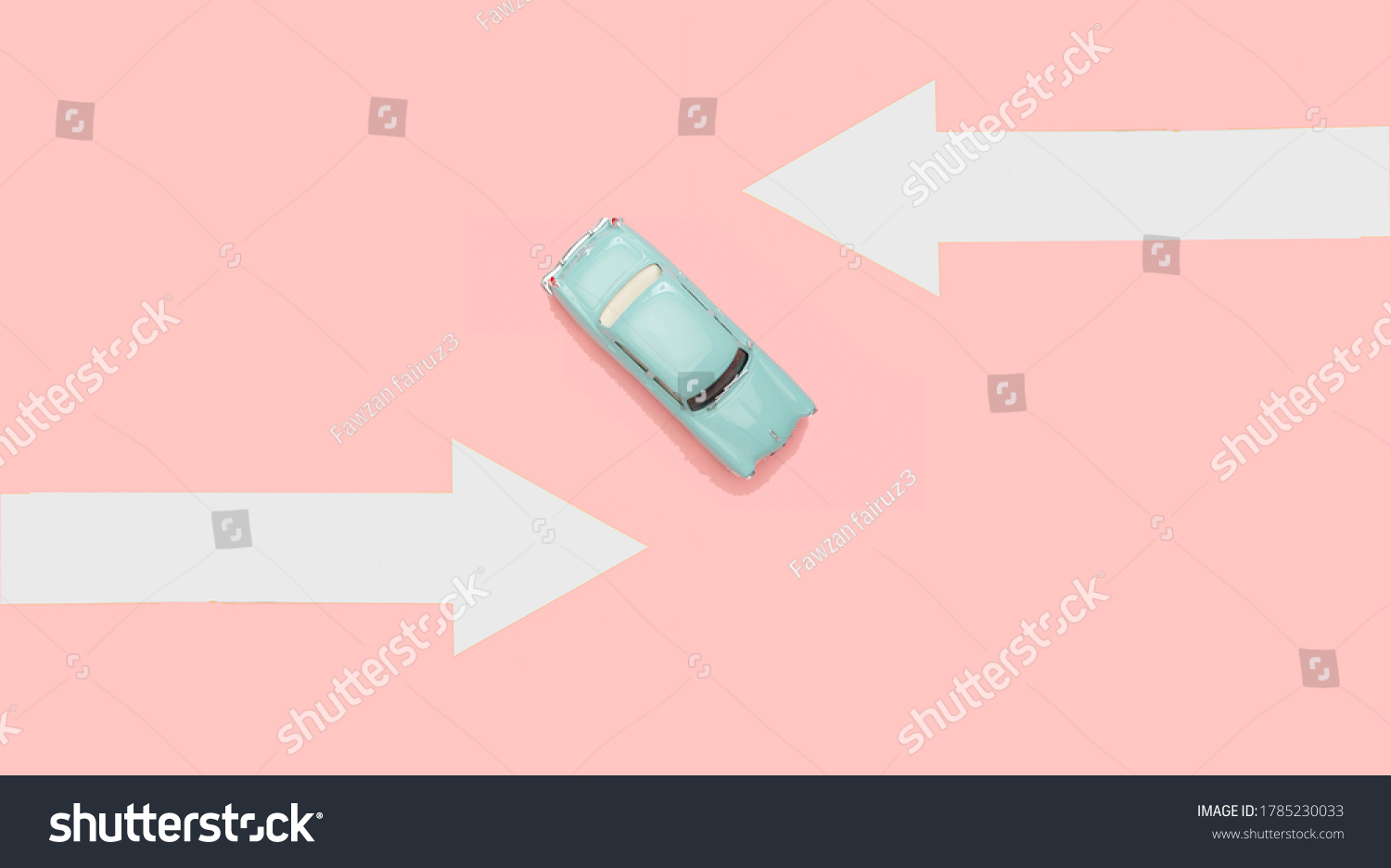 blue classic toy cars isolated on pink background.top view arrow route-car destination. minimal image. travel concept. concept image.  direction arrow. #1785230033