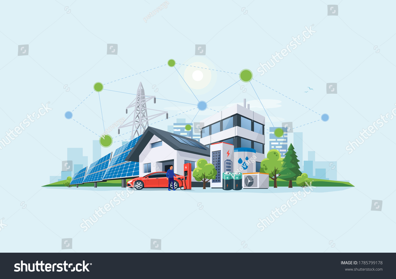 Smart renewable energy power grid system. Off-grid building city battery storage sustainable island electrification. Electric car charging with solar panels, wind, high voltage power grid and city.  #1785799178