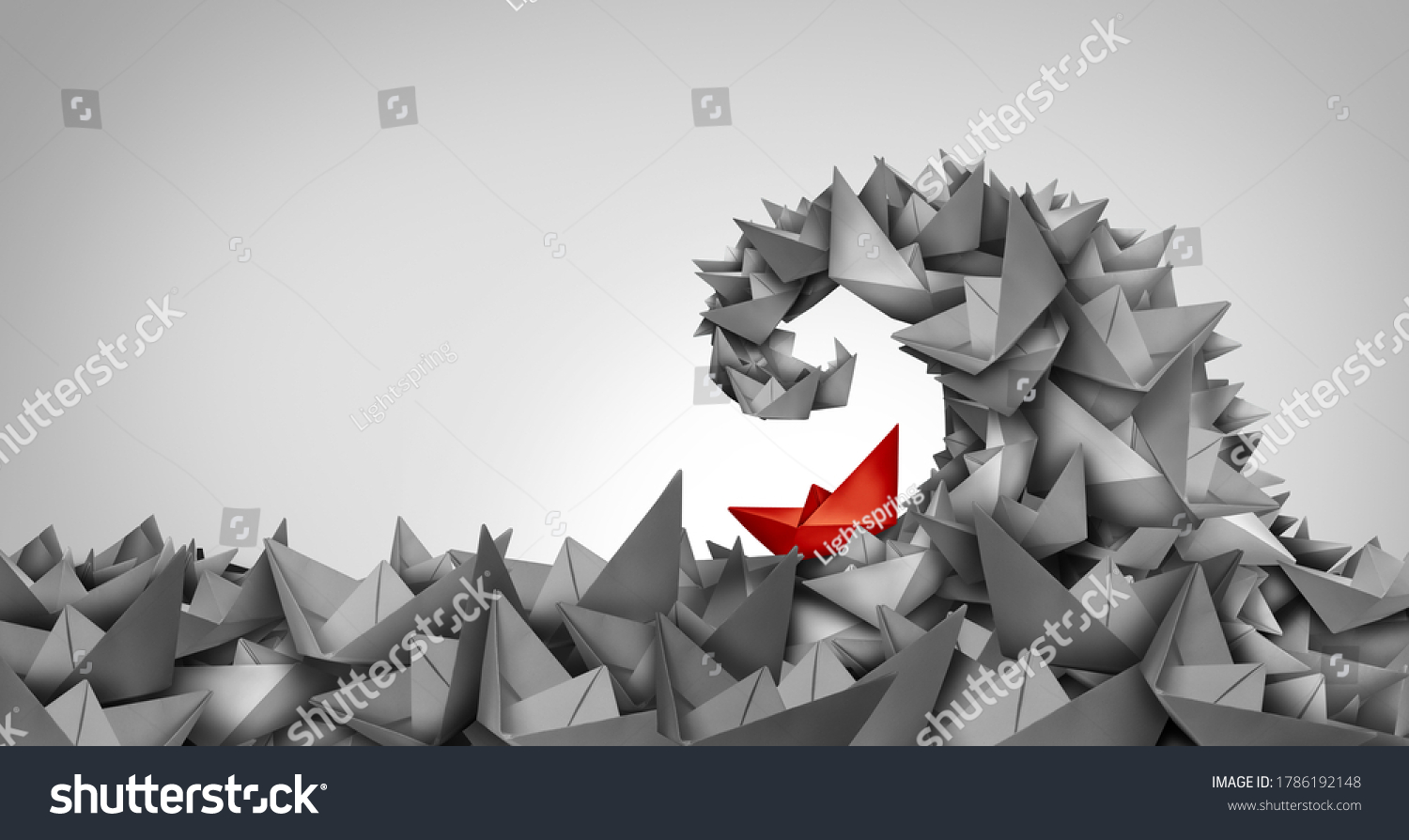 Trouble concept as a business symbol as a paper boat climbing uphill as a metaphor for struggle and overcoming obstacles and competition strategy. #1786192148