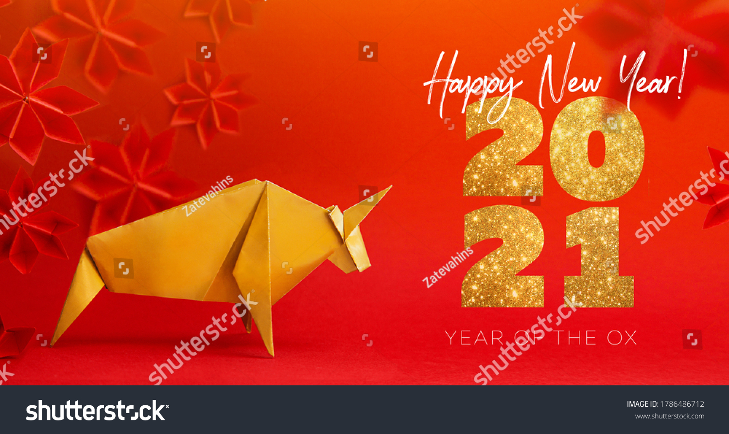Chinese new year 2021 year of the ox , cold. Bull on red background. #1786486712