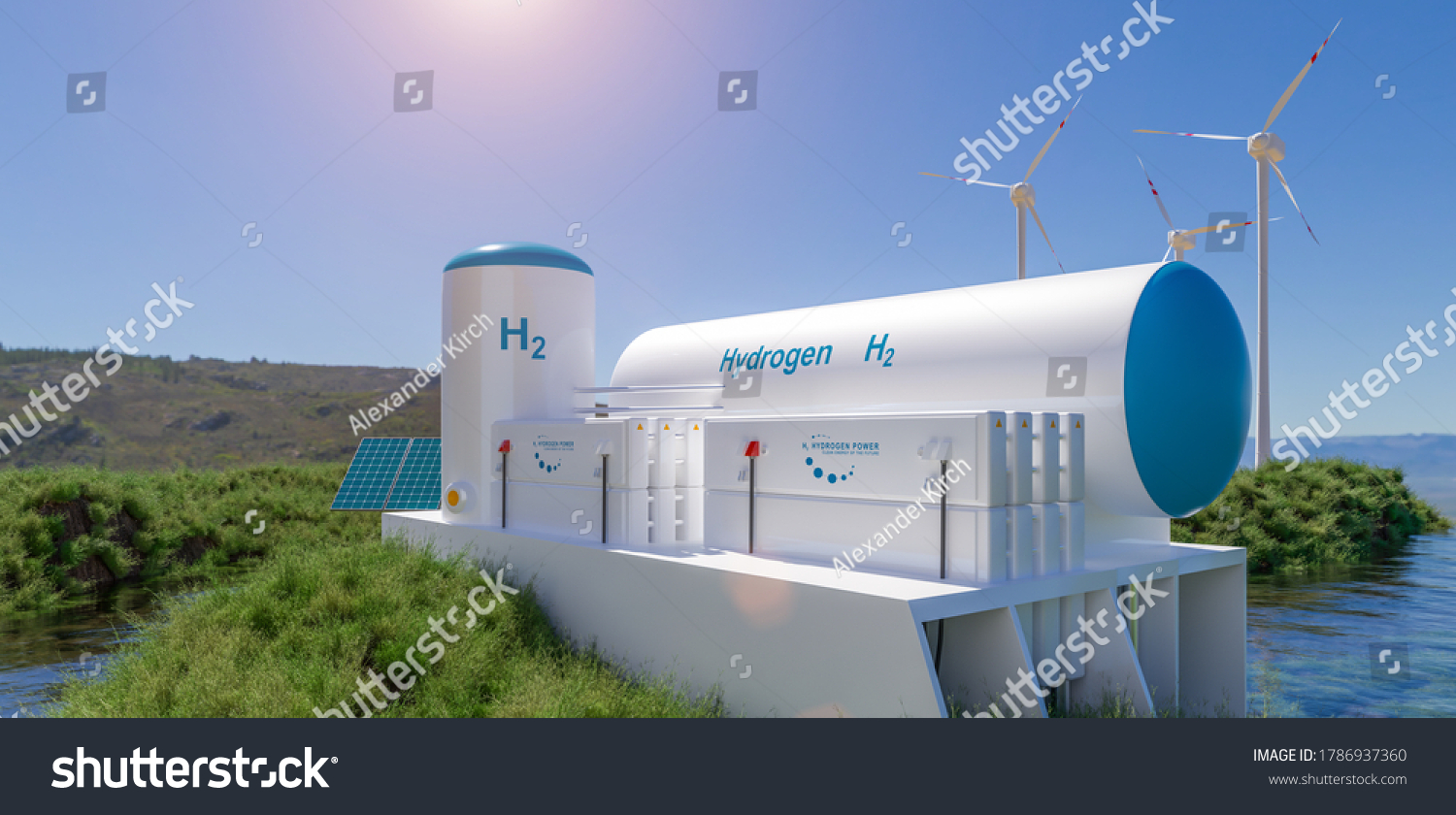 Hydrogen renewable energy production - hydrogen gas for clean electricity solar and windturbine facility. 3d rendering. #1786937360