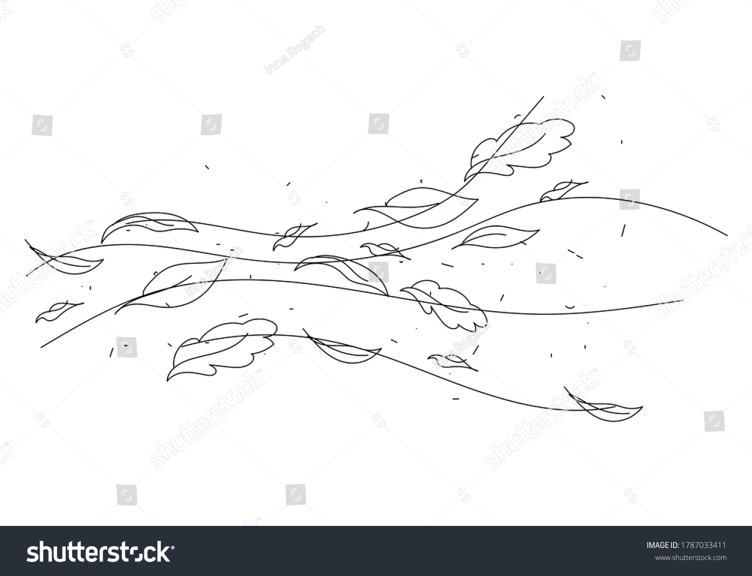 Doodle autumn weather. Line art the wind carrying fallen leaves.Fashionable modern minimalistic outline illustration.Vector illustration isolated on white.For print,postcards,posters,book picture #1787033411