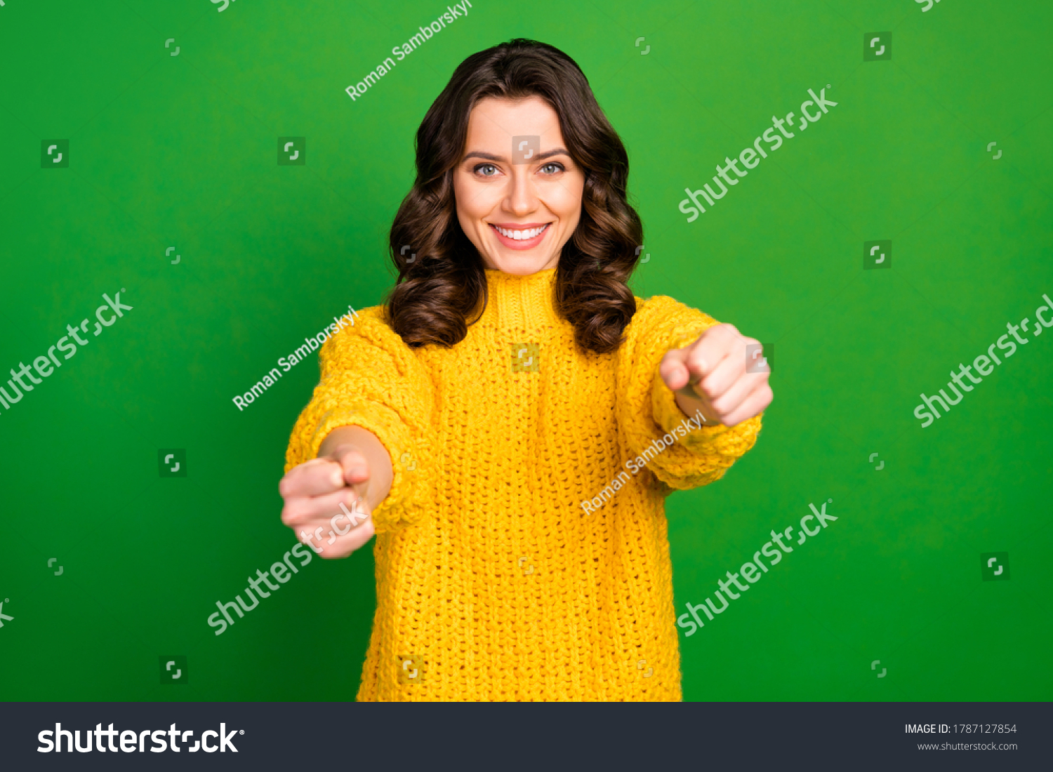 Photo of pretty funny lady holding imagine steering wheel helm rudder passing driving exam riding straight wear knitted yellow pullover isolated bright green color background #1787127854