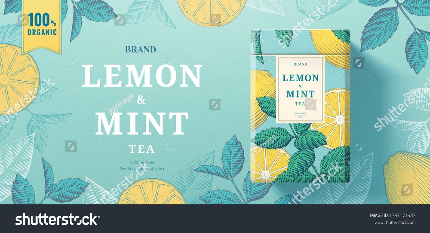 Lemon mint tea paper can packaging lying on exquisite engraving banner background #1787171987