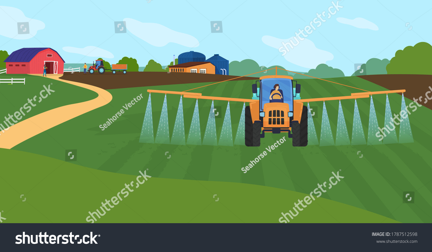 Farming agriculture vector illustration. Cartoon flat agricultural agrarian sprinkler tractor watering organic farm field, green countryside farmland landscape, water sprinkling technology background #1787512598