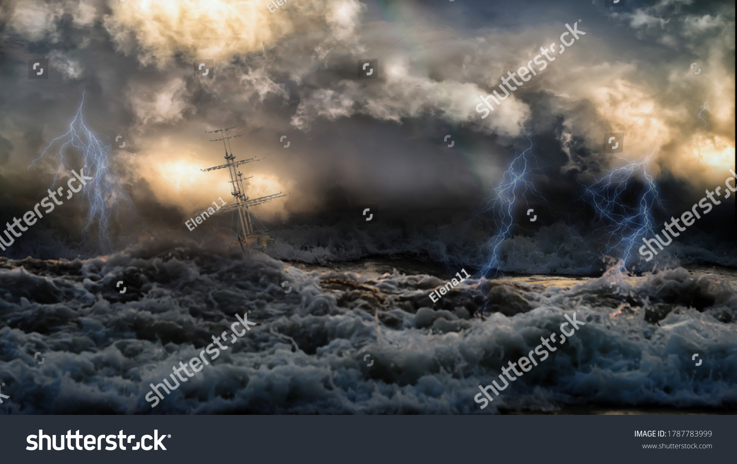 Silhouette of sailing old ship in stormy sea with lightning bolts and amazing waves and dramatic sky. Collage in the style of marine painters. #1787783999