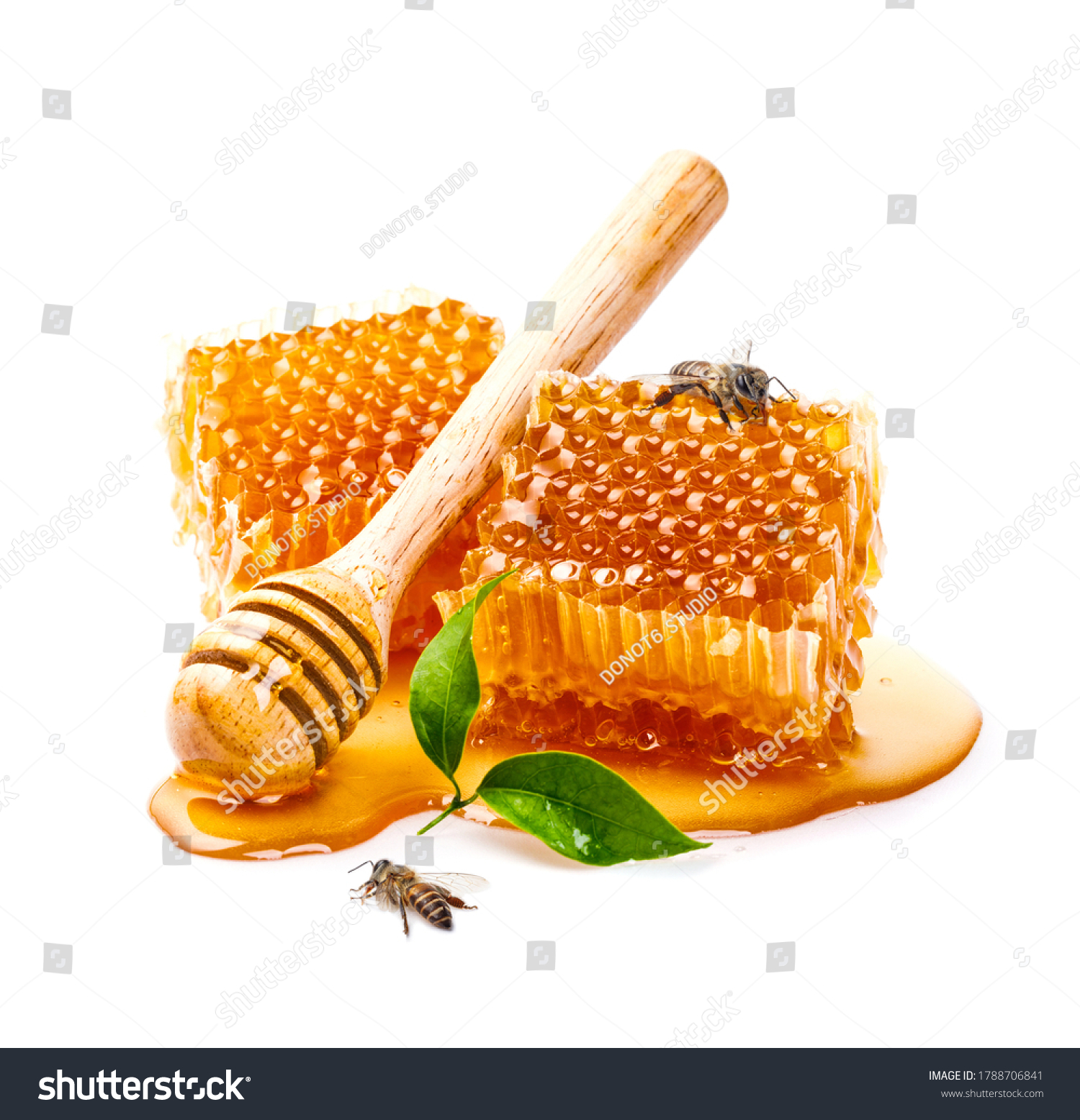 Honeycomb with bee and honey dipper isolate on white banner background, bee products by organic natural ingredients concept #1788706841