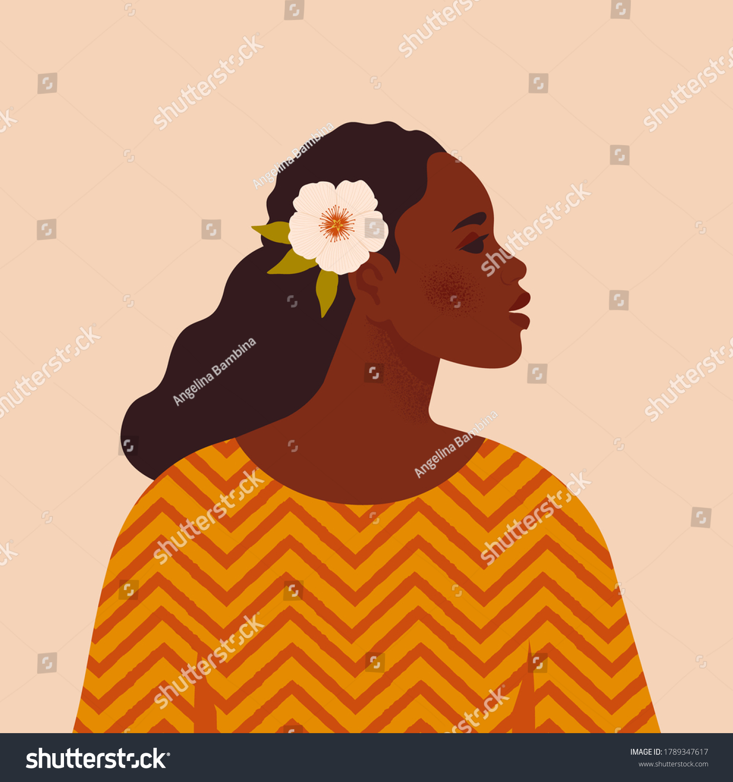 Beautiful black woman. Young african american. Portrait of young woman with beautiful face and hair. Side view. Isolated on a beige background. #1789347617