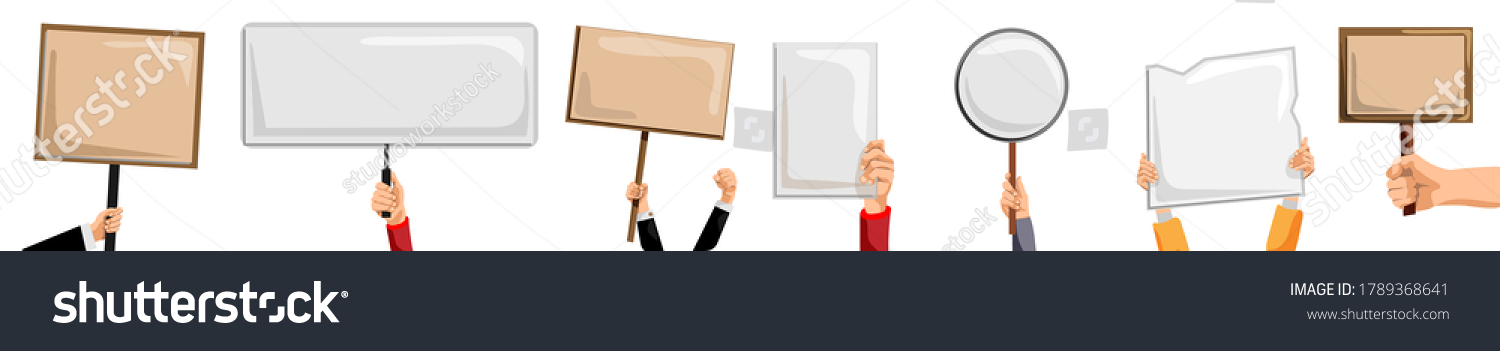 Hands holding placards. Isolated activist person hand holding blank sign, placard and banner set. Vector empty protest message posters. Demonstration and political announcement concept #1789368641