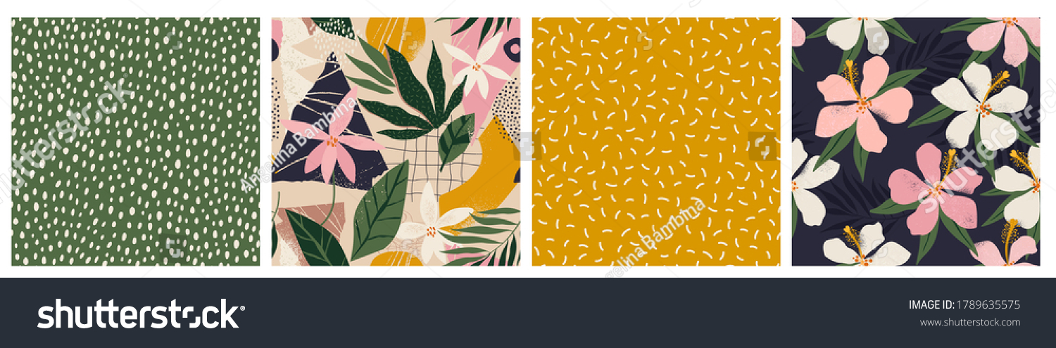 Collage contemporary floral and polka dot shapes seamless pattern set. Mid Century Modern Art design for paper, cover, fabric, interior decor and other users. #1789635575