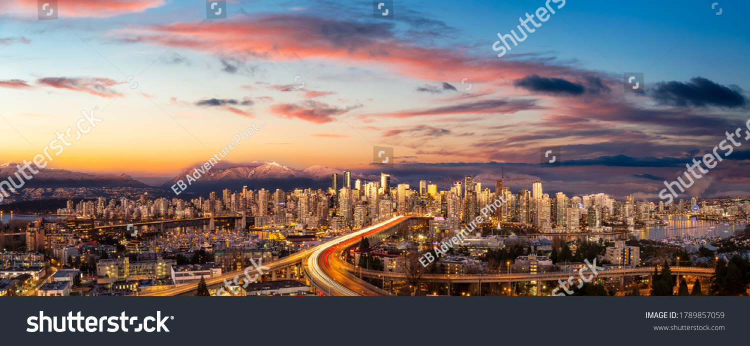 Aerial Panoramic view of Downtown Vancouver, Cambie Bridge, and False Creek. Picture taken during a cloudy sunset. Colorful sky Overlay. #1789857059