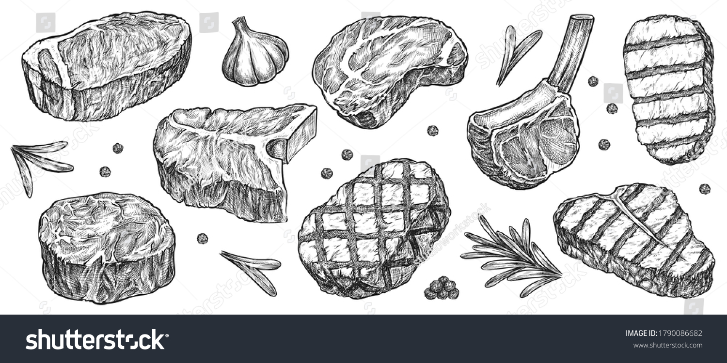 Steak sketch. Hand drawn beef, lamb and pork steak extra or medium rare with garlic, greenery and pepper spice vector collection. Butchery food meat product sketch engraved set isolated on white #1790086682