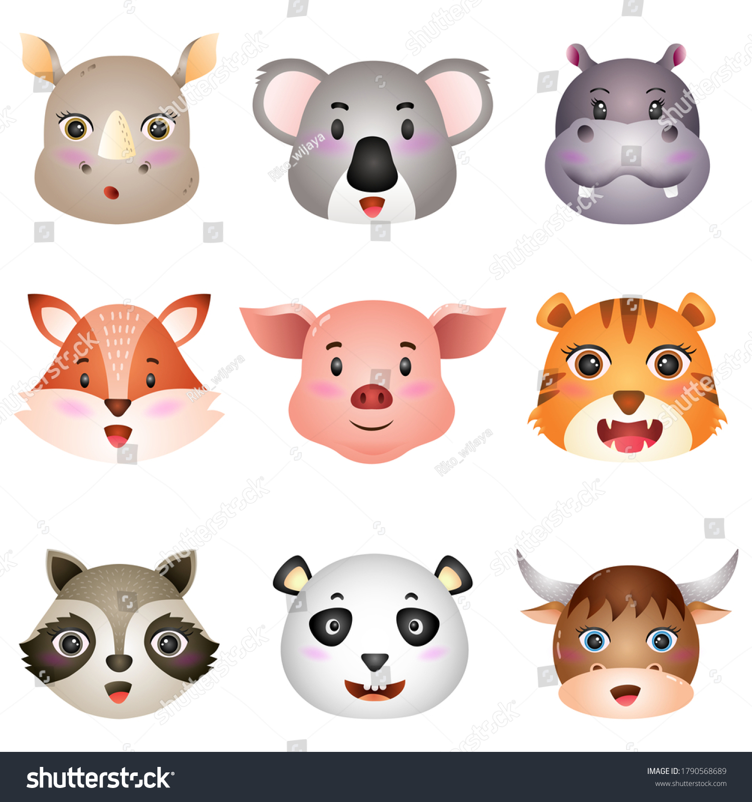 cute animal heads: rhino, koala, hippo, fox, pig - Royalty Free Stock ...