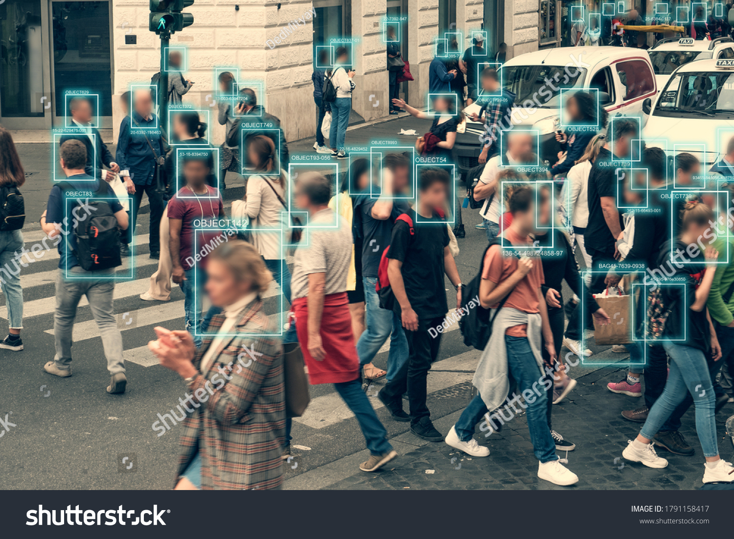 Face detection and recognition of citizens people, AI collect and analyze human data. Artificial intelligence AI concept as technology for safe city in future. #1791158417