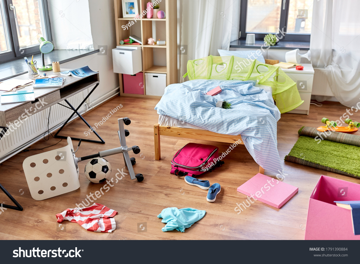 mess, disorder and interior concept - view of messy home kid's room with scattered stuff #1791390884
