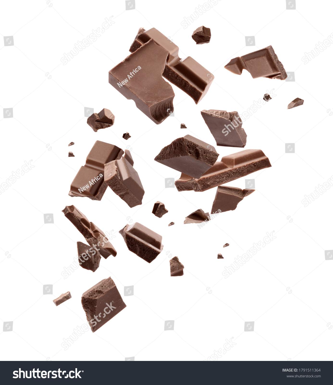 Milk chocolate pieces falling on white background #1791511364