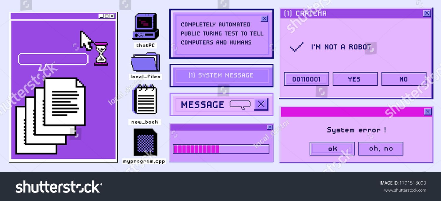 Old user interface windows, retro message box with buttons. Vaporwave and retrowave style elements. #1791518090