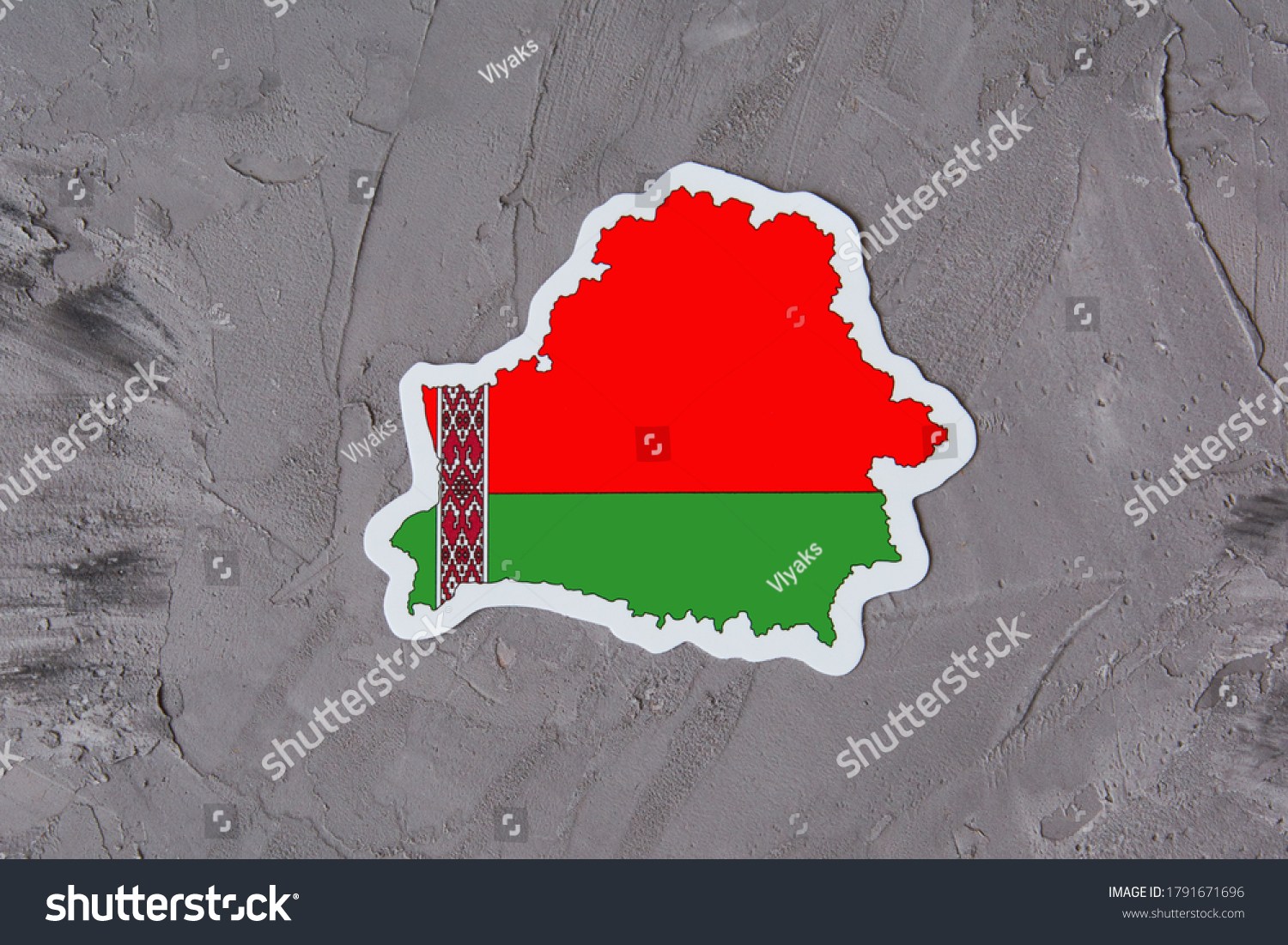 Country border outline map of Belarus. Shape and national flag of the Republic of Belarus on grey concrete background. Election concept. #1791671696