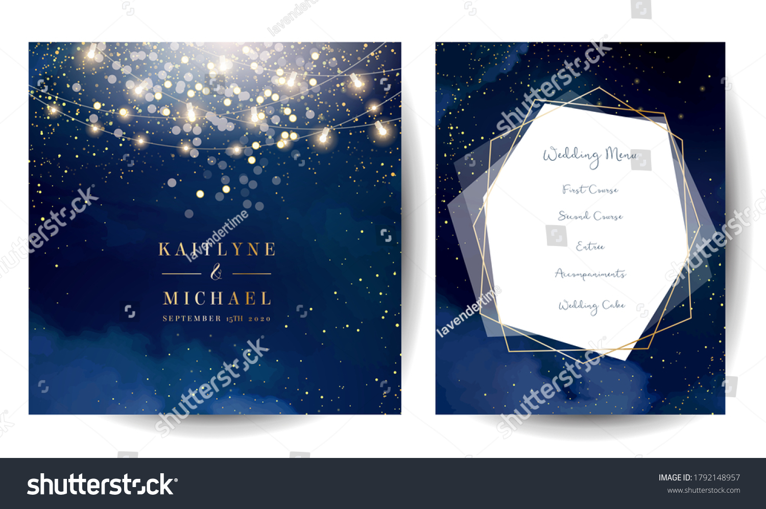Magic night dark blue cards with sparkling glitter bokeh and line art. Diamond shaped vector wedding invitation. Gold confetti and navy background. Golden scattered dust.Fairytale magic star templates #1792148957
