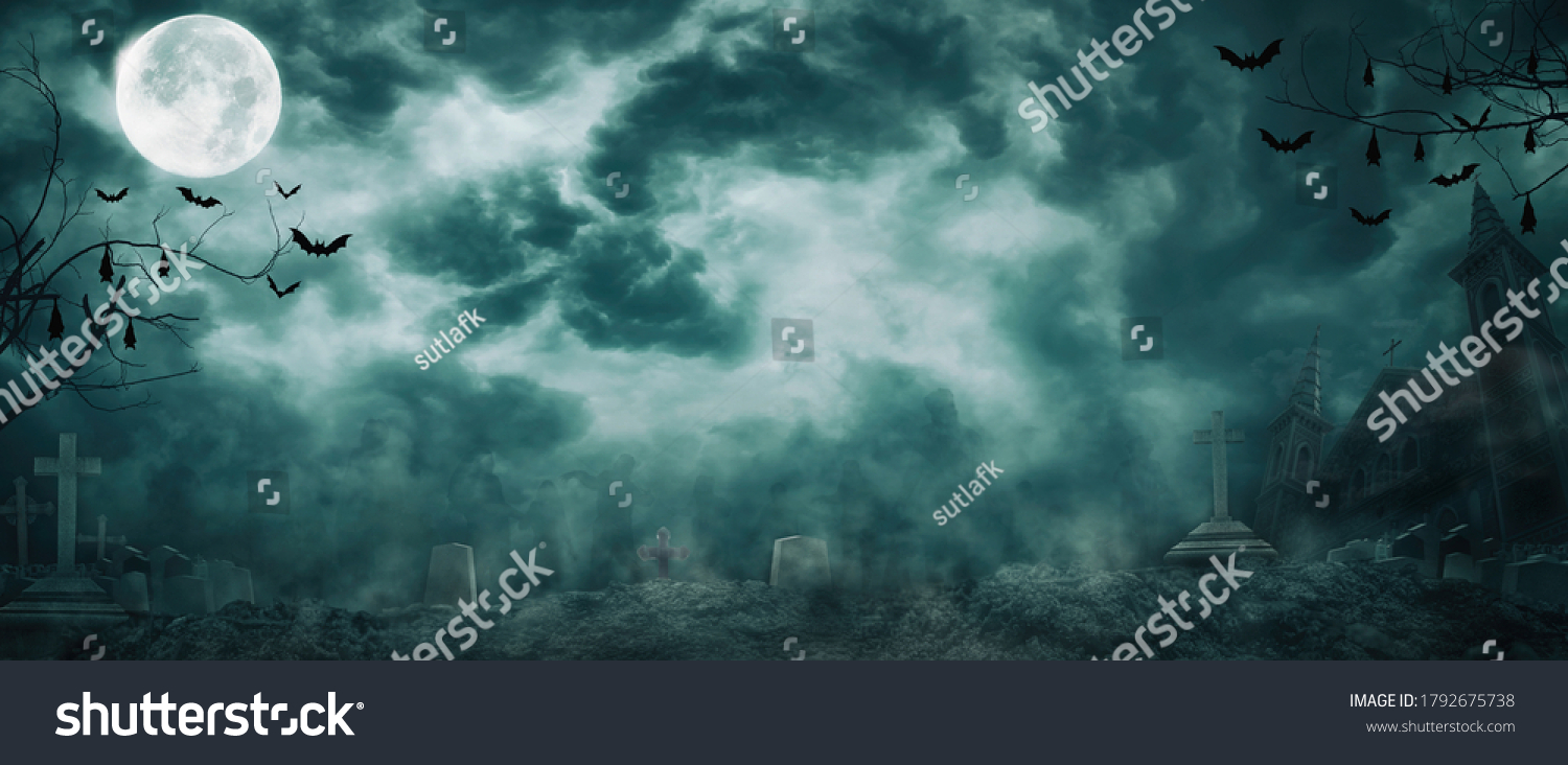 Zombie rising out of graveyard cemetery and church In Spooky scary dark Night full moon bats on tree. Holiday event halloween banner background concept.  #1792675738