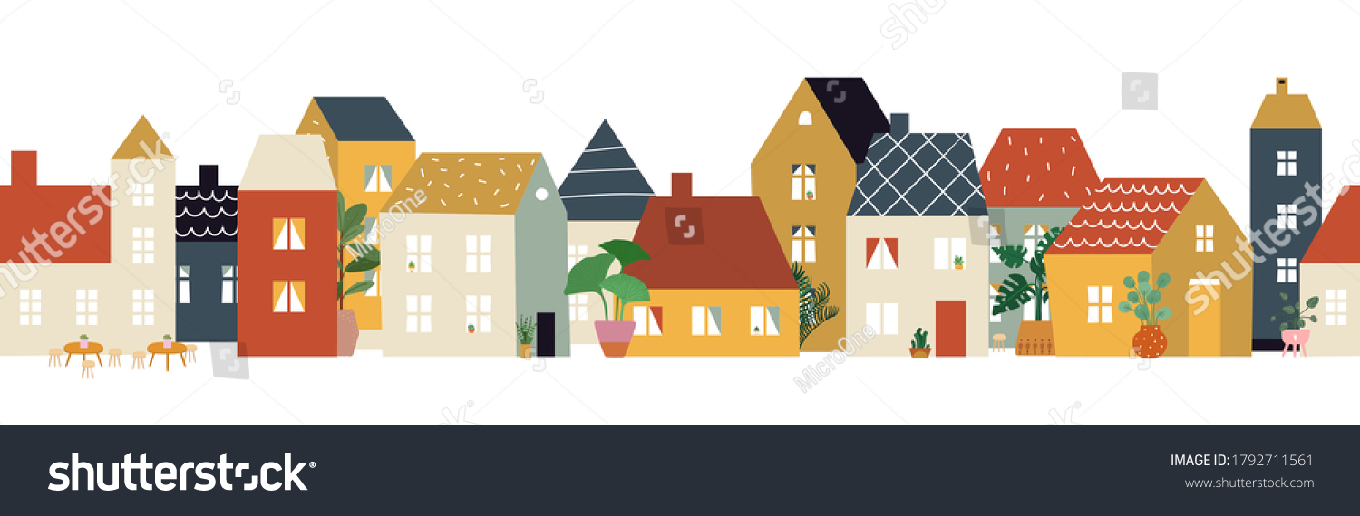 European city street pattern. Restaurant cafe district, house facade banner. Flat neighborhood, cute tiny buildings and plants, home or shop front view illustration