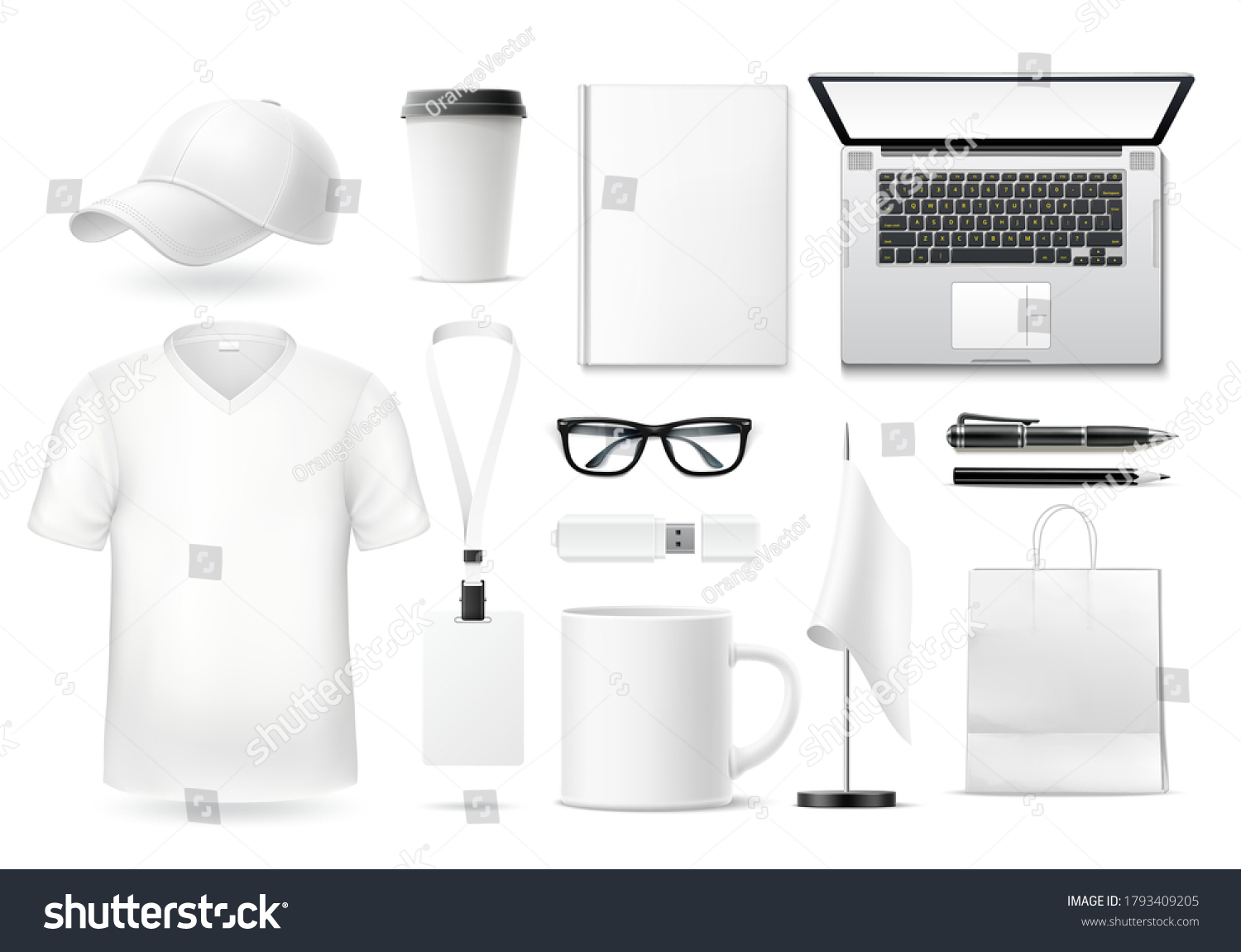 Vector realistic mock up set. Office supplies, stationery, blank merchandise for branding and corporate design. Notebook, pencil, tshirt, coffee cup, flash drive and glasses, badge and flag. #1793409205